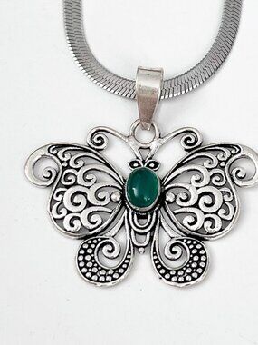 925 Sterling silver Green Onyx Butterfly necklace Gemstone womens Jewelry